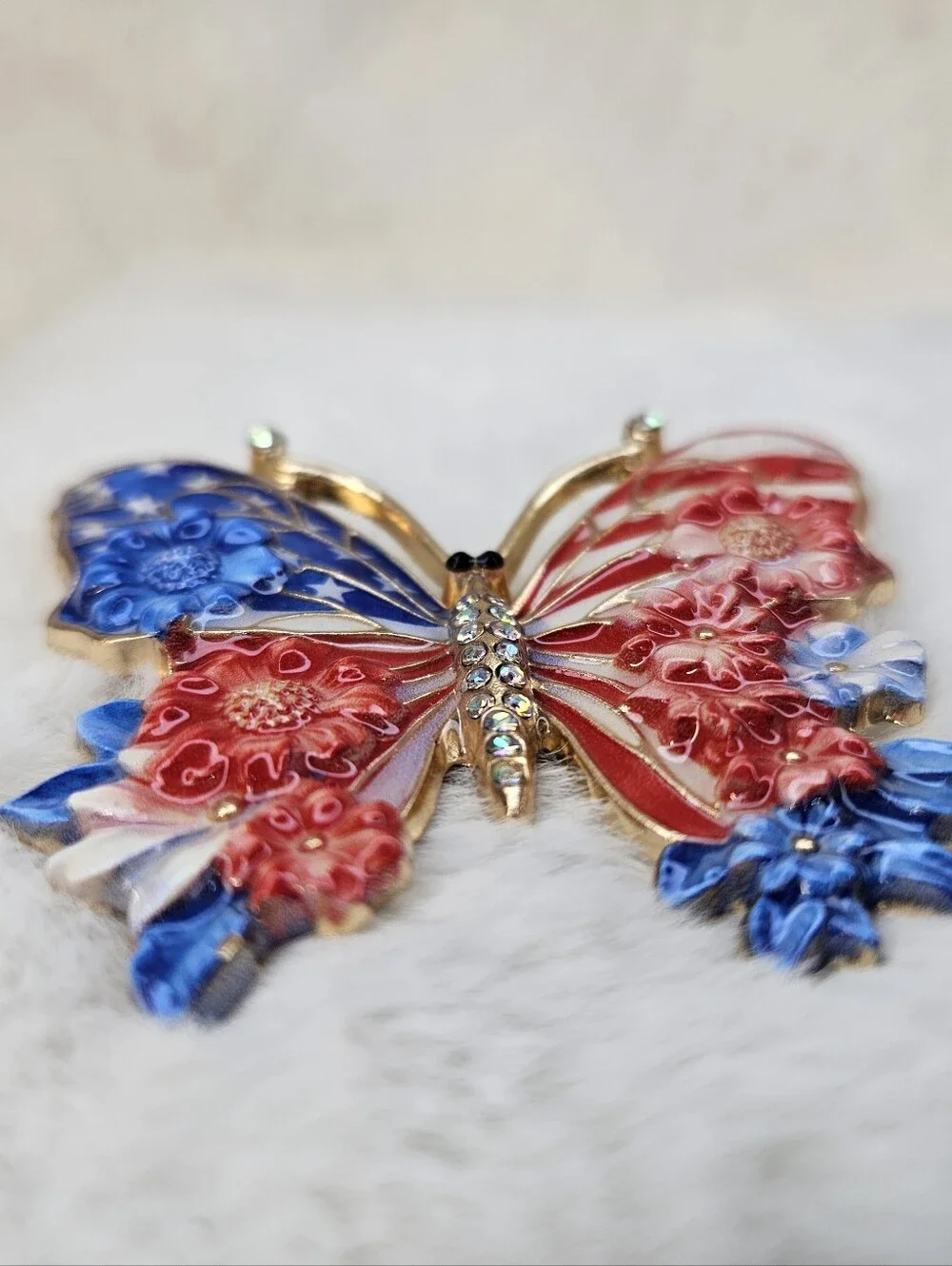 Patriotic Butterfly Brooch with Enamel Flowers